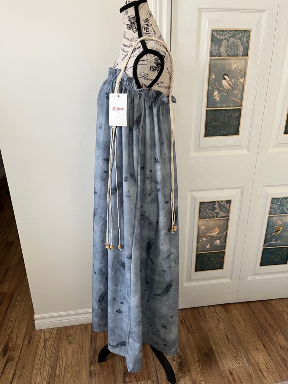 Boho Light Blue Tie-Dye Maxi Dress with Adjustable Neck - Picture 5 of 11
